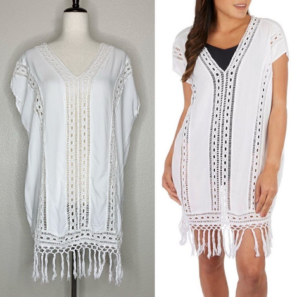 Boho Me White Eyelet Crochet Fringe CoverUp, Sz Large